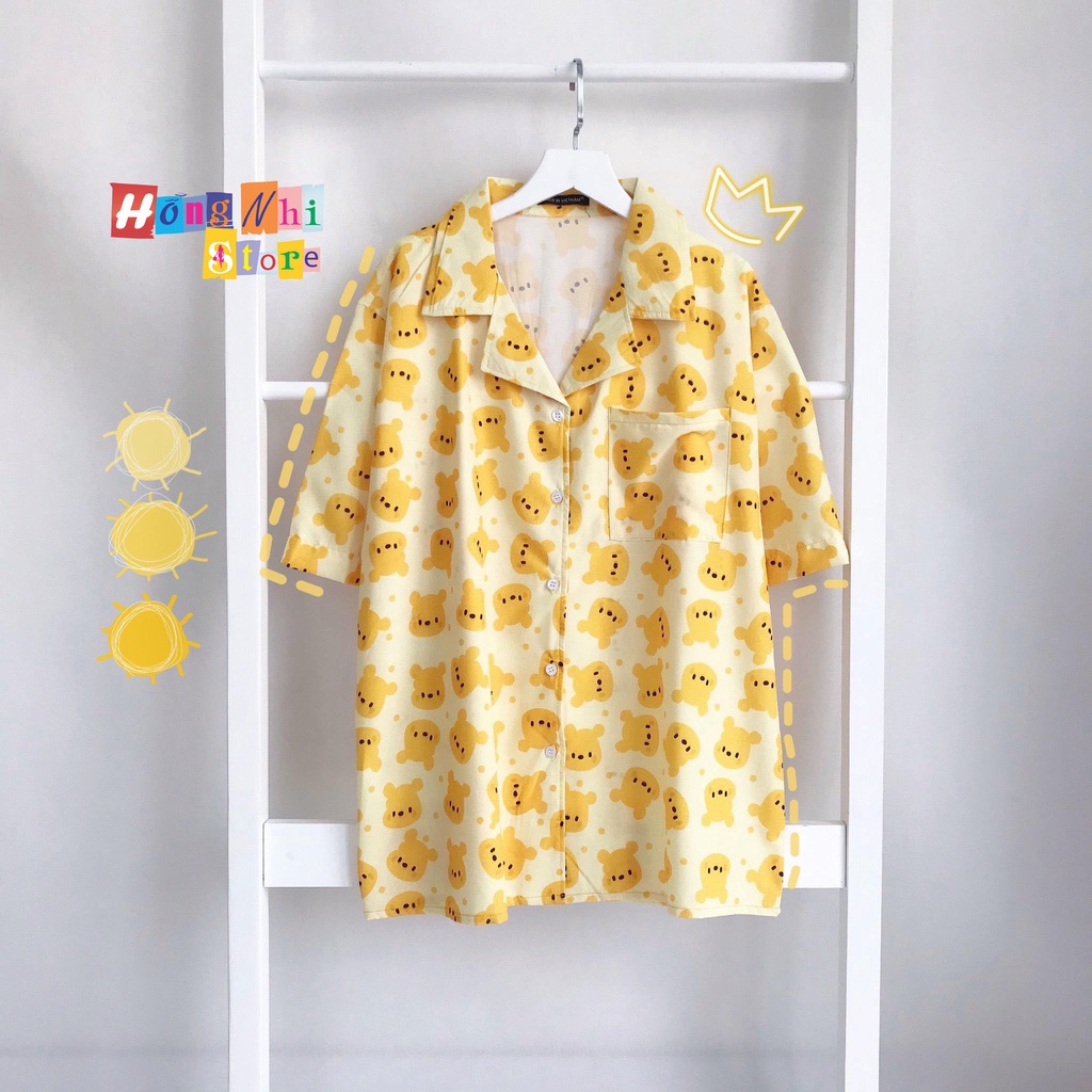 Áo Sơ Mi Họa Tiết Gấu Vàng Tay Lỡ Dáng Rộng Ulzzang Unisex, Sơ Mi Đi Biển - MM