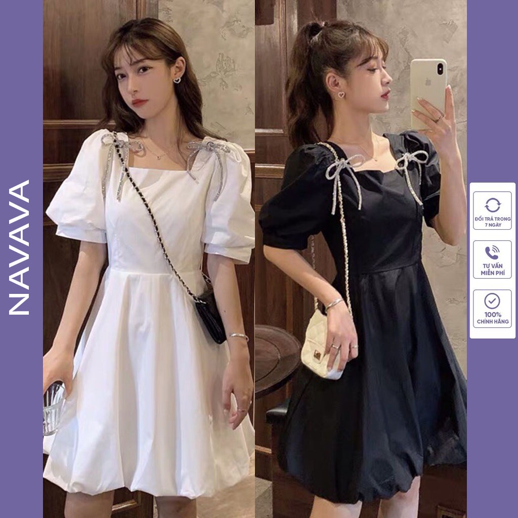 Váy trắng dự tiệc đầm công chúa suông dài đi đám cưới có nơ cài vai siêu xinh đáng yêu NAVAVA D09