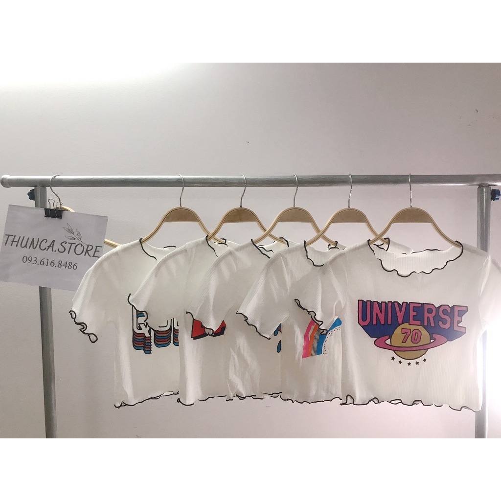 Áo croptop nữ tay ngắn cuốn biên xinh xắn, áo thun nữ croptop in hình phong cách hàn quốc