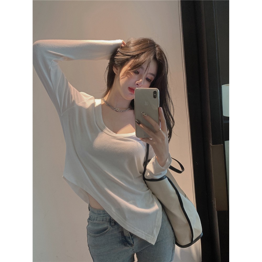 Áo Thun Dài Tay Cổ Tròn Thiết Kế Lệch Tà Quyến Rũ Thời Trang