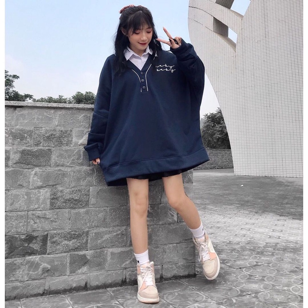 Áo Khoác Sweater Nỉ BABY Viền Cổ Phối Nút Tay Dài Form Rộng Ulzzang (Ảnh Thật)