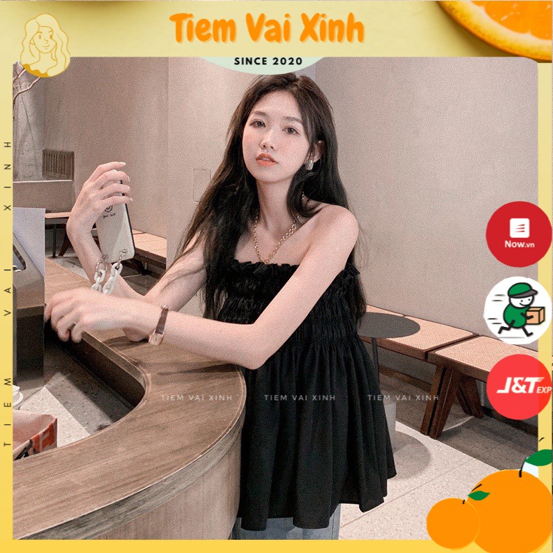 Áo Babydoll [Tiệm Vải Xinh] Áo Croptop Babydoll Quây Ngực Bo Chun Màu Đen