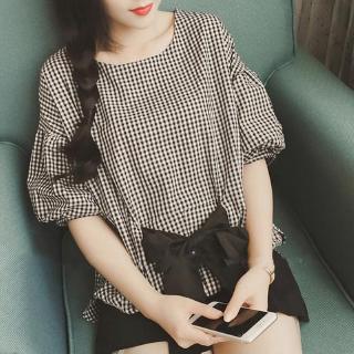 Áo kiểu sọc caro cổ tròn tay lỡ thời trang cho nữ
