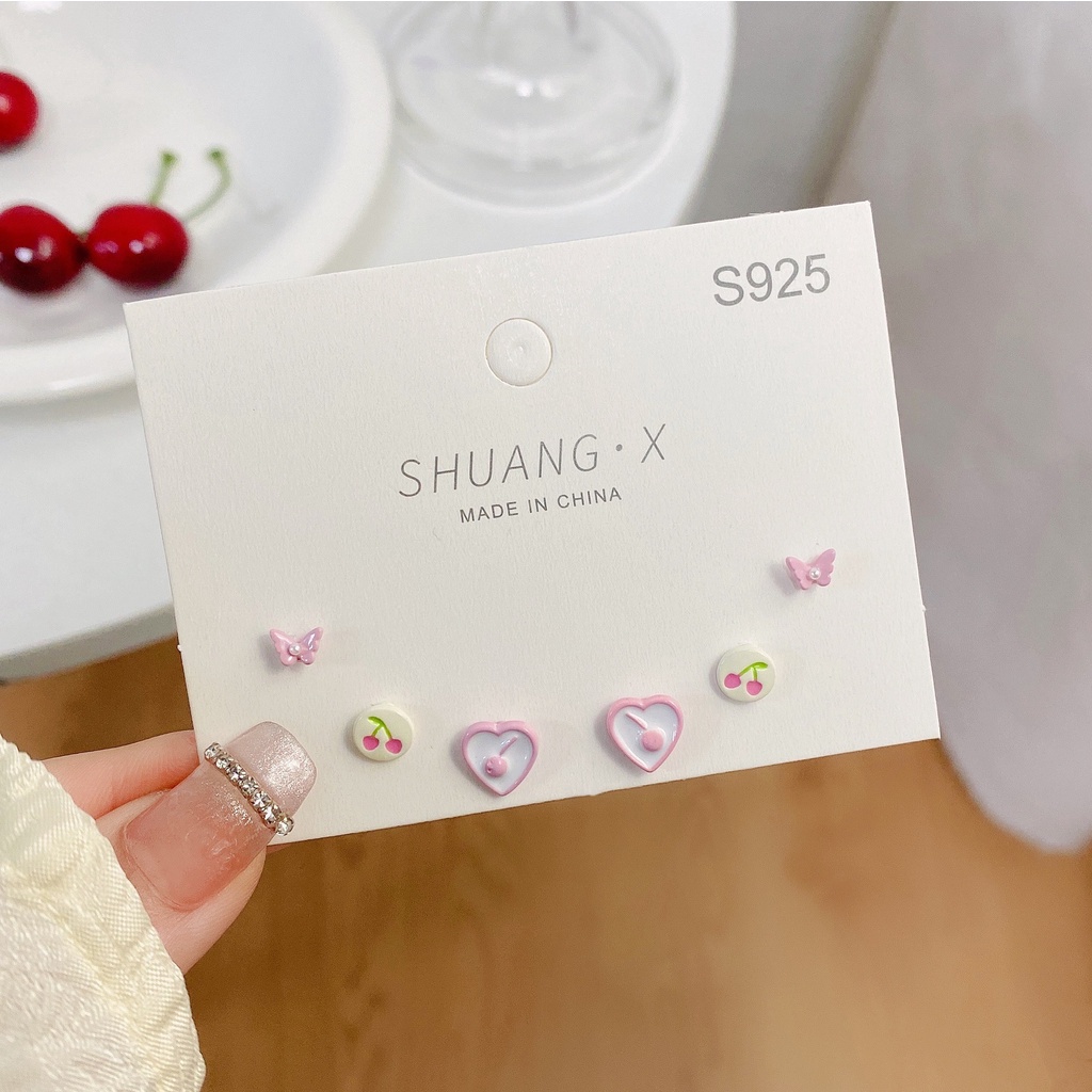 Bông Tai Mạ Bạc 925 Hình Trái Tim / Bướm / Trái Tim Xinh Xắn Thời Trang