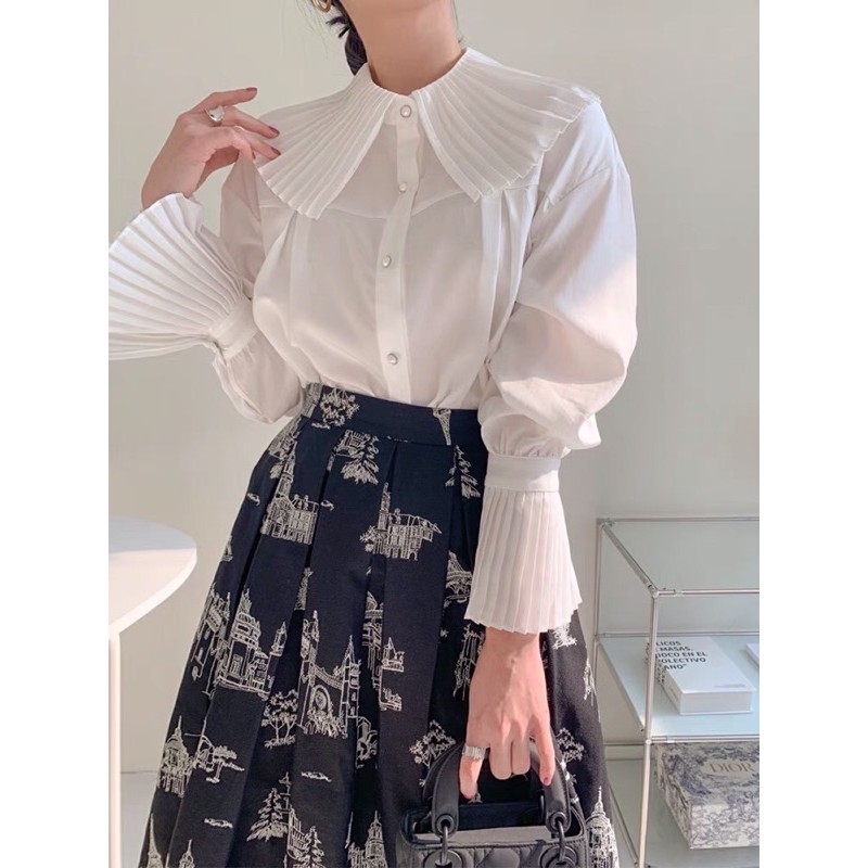 Áo sơ mi loại 1 order Quảng Châu chuẩn shop Chic cổ xếp ly siêu sang chảnh