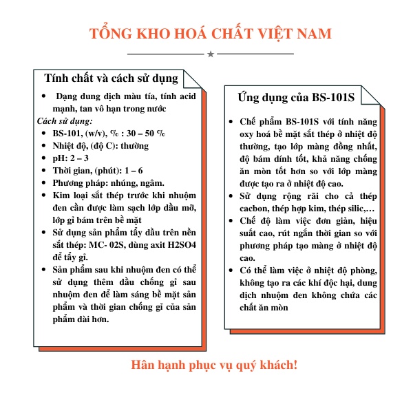 Hóa chất nhuộm đen sắt thép BS-101S nhiệt độ thường, Tổng Kho Hoá Chất VN 500g/lọ, 1000g/lọ