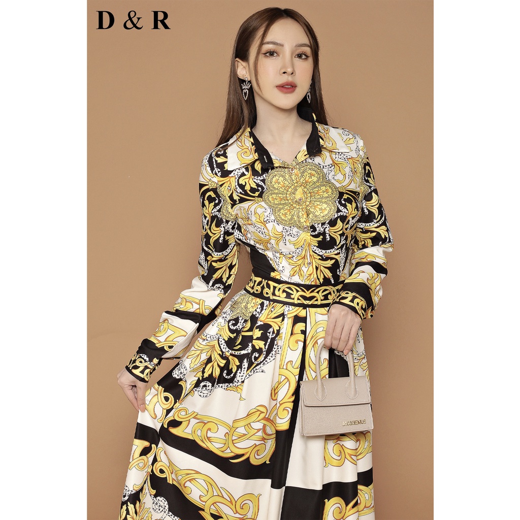 Đầm dự tiệc thiết kế họa tiết print sang chảnh Quảng Châu cao cấp váy lụa dài thương hiệu thời trang D&R D182