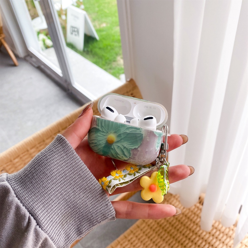 Vỏ Bảo Vệ Hộp Sạc Tai Nghe Bluetooth Không Dây AirPods 1 2 pro 3 2021 gen3 Hình Hoa Màu Xanh Lá Sáng Bóng