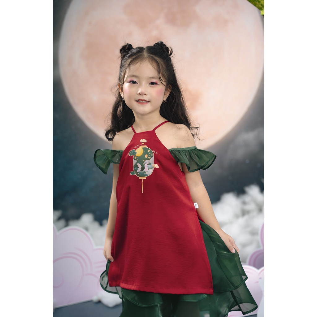 Váy trung thu cổ yếm bé gái ILABY in ngực tay cánh tiên chất liệu tơ lụa mềm mại cho bé 10-35kg