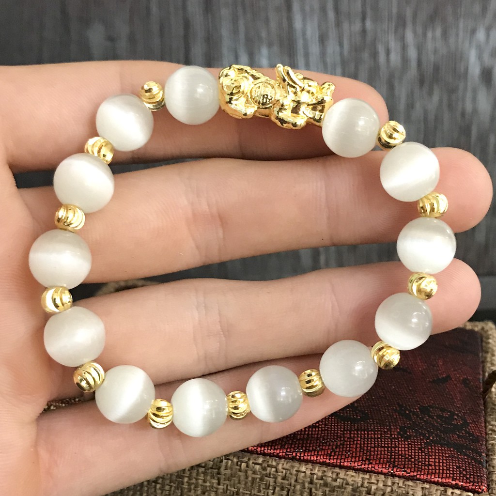 V245-10 Vòng phong thủy mắt mèo trắng 10 ly mix tỳ hưu - Mệnh Kim - Thủy V245-10