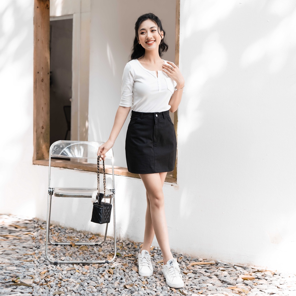 Chân váy ngắn The Basic kaki thô có lót trong dày dặn không nhăn tôn dáng