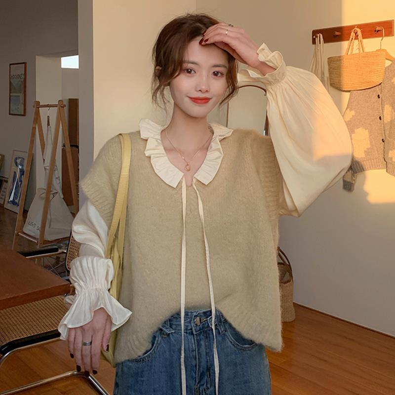 Áo Sơ Mi Voan Tay Dài / Áo Khoác Len Không Tay Thời Trang Cho Nữ