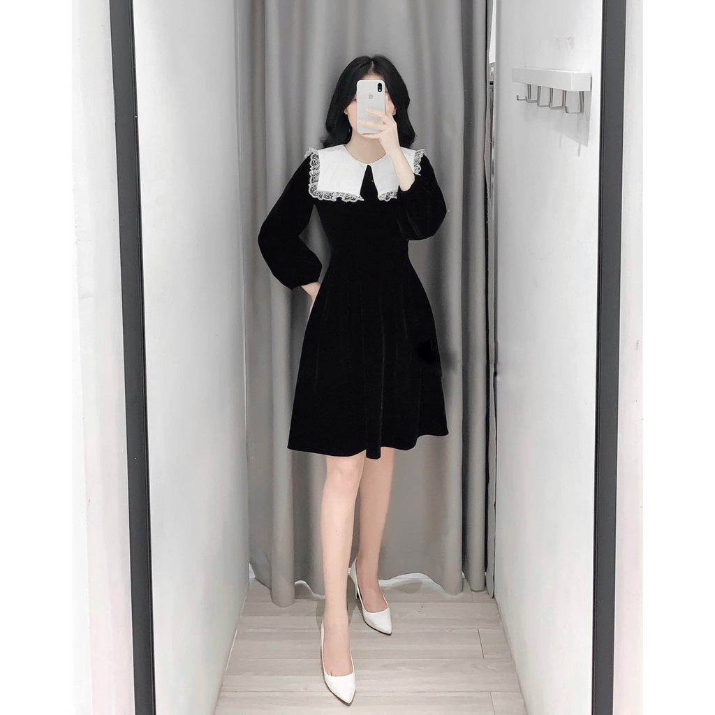 [Mã FAGREEN1505 giảm 10% tối đa 30K đơn 99K] Váy nhung cổ phối ren | BigBuy360 - bigbuy360.vn