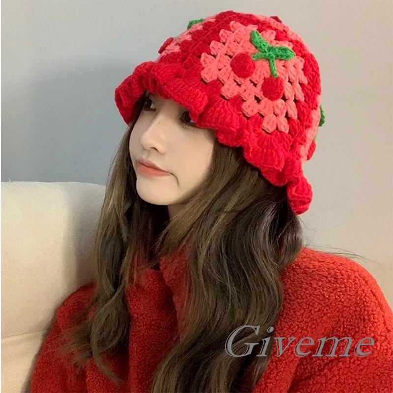 Nón Vành Đan Len Họa Tiết Quả Cherry Thời Trang Cho Nữ
