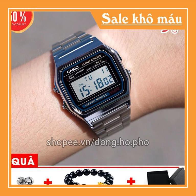 Đồng hồ điện tử Casio A158-A159 nam nữ dây bạc mặt đen