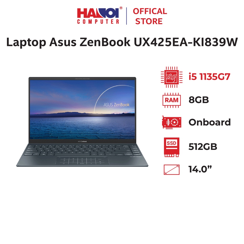 Laptop Asus ZenBook UX425EA-KI839W (i5 1135G7/8GB RAM/512GB SSD/14 FHD/Win11/Cáp USB to LAN/Xám)