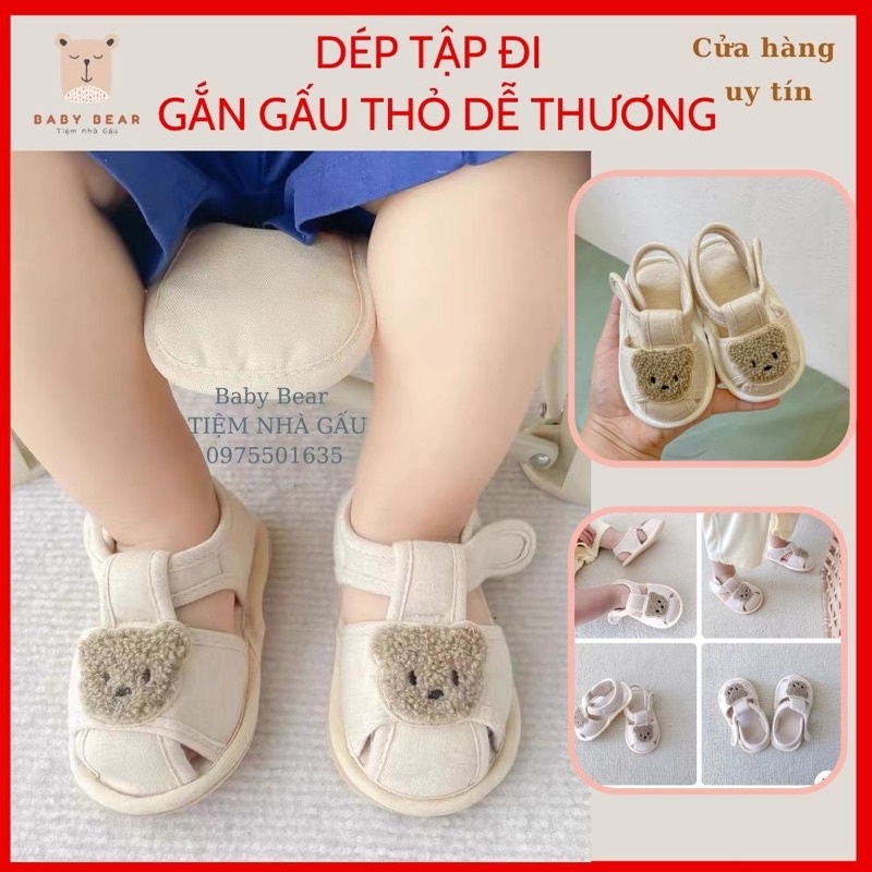 Dép tập đi cho bé 0-18 tháng tuổi chống trơn trượt đính gấu thỏ cho bé trai bé gái cotton hữu cơ tự nhiên hàng siêu xinh