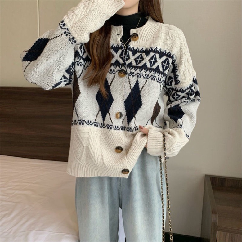 Áo Cardigan Nữ Họa Tiết Trám VinTage, Cardigan Len phối cúc tiểu thư điệu đà dáng rộng Siêu Xinh | BigBuy360 - bigbuy360.vn