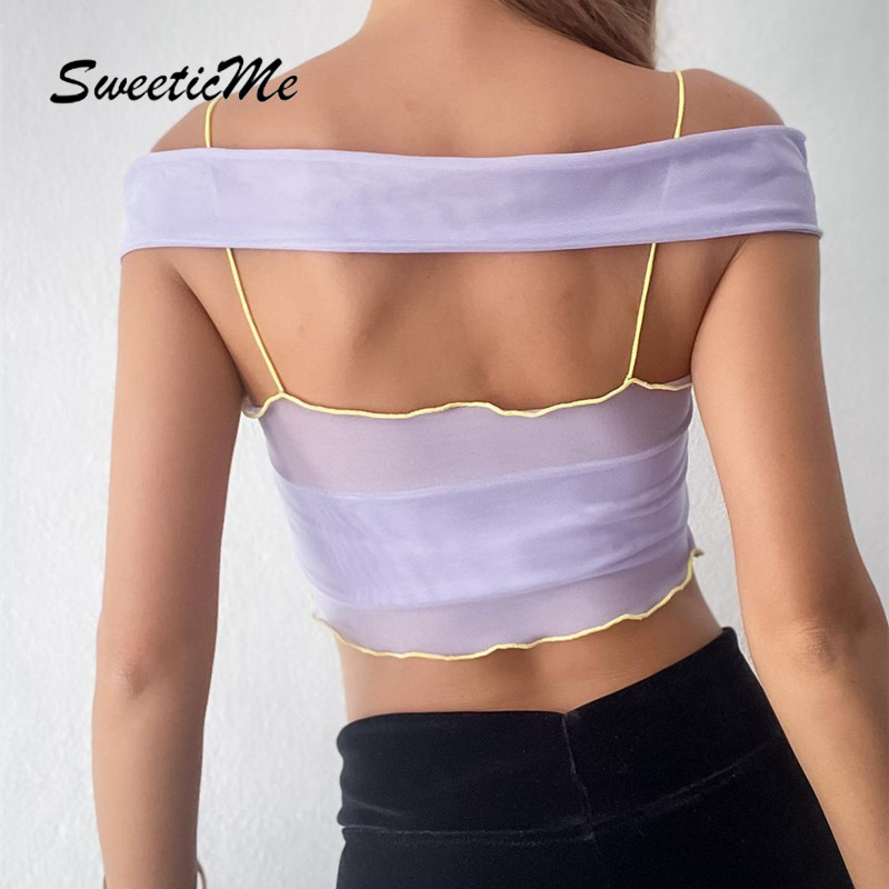 SweeticMe Women's 2021 New Sexy V-neck Wrap Chest Perspective Mesh Contrast Backless Halter Top | BigBuy360 - bigbuy360.vn
