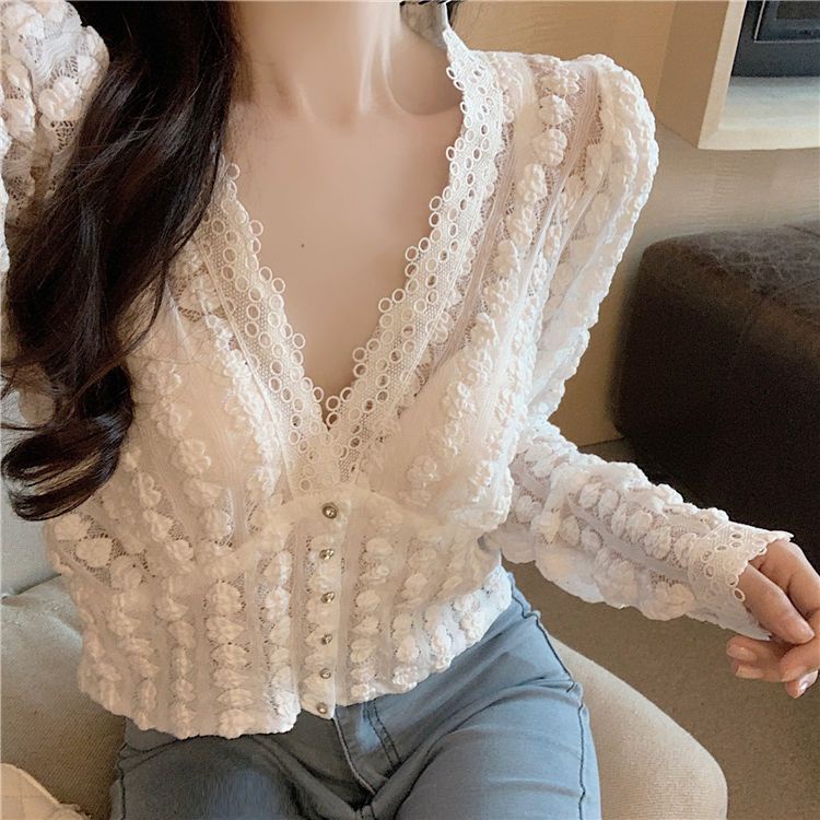 Áo Ren Rỗng Tay Dài Cổ Chữ V Dáng Ôm Phong Cách Phương Tây Dễ Phối Đồ Cho Nữ