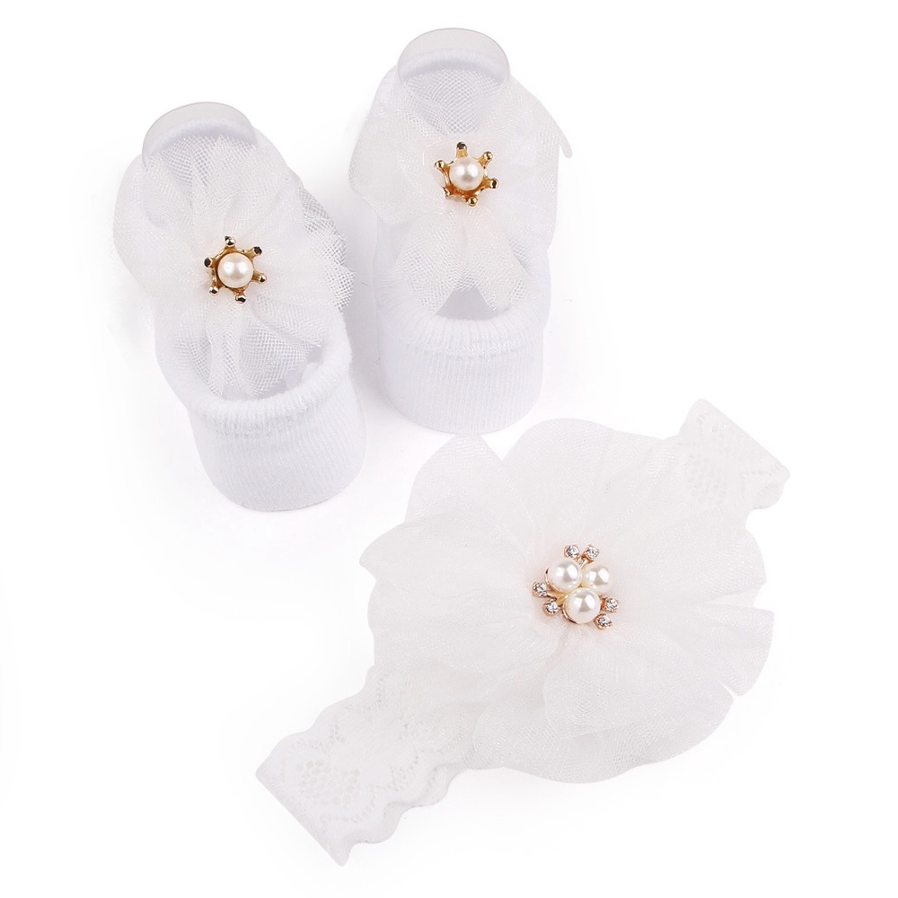 Set vớ ren hình bông hoa kèm băng đô đính bông hoa và vương miện co giãn đính ngọc trai giả màu trơn cho bé gái