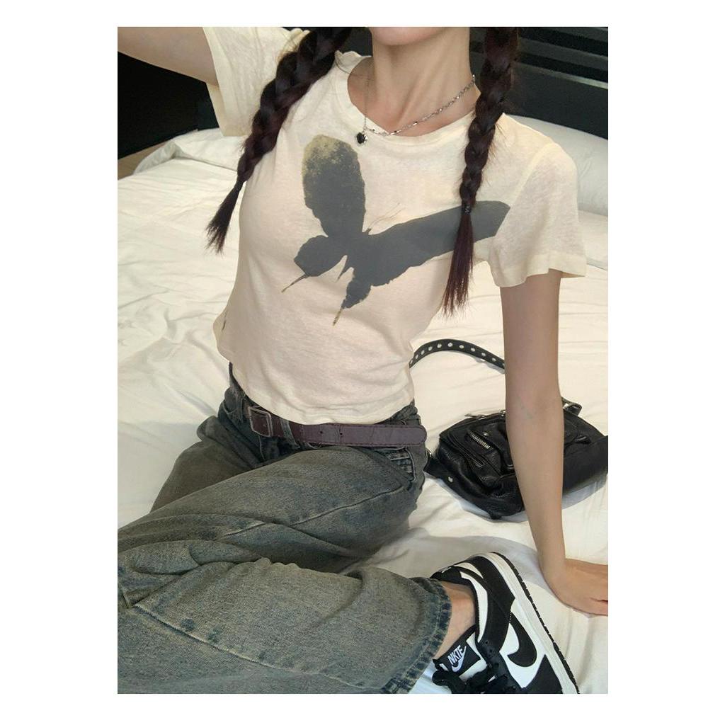 Áo Thun Cotton Trơn Ngắn Tay In Hình Bướm Cổ Điển Hot Girl 64152 Dành Cho Bạn Nữ