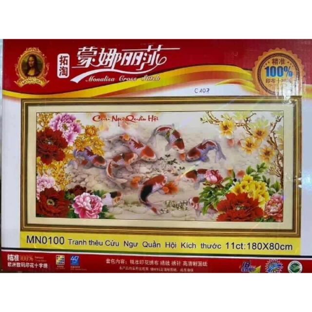 Tranh thêu cửu ngư quần hội kt 180x80