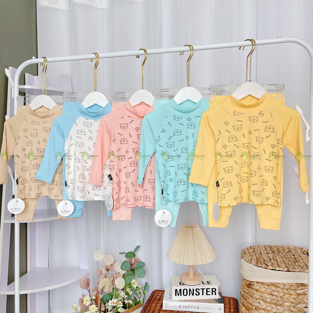 Bộ Dài Tay Bé Gái, Bé Trai KIMCHIBABY Vải Thun Lạnh Cổ 3P Hoạ Tiết Gấu Giáp Lăng, Bộ Quần Áo Trẻ Em Thu Đông KWTD2209