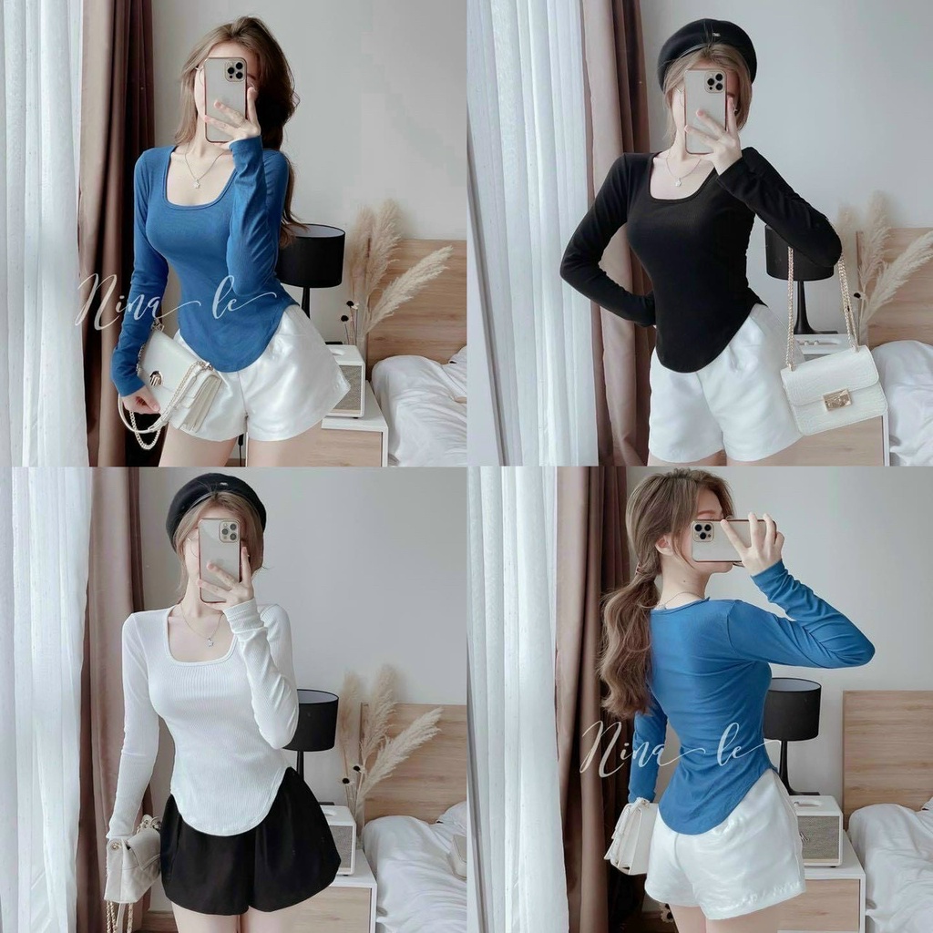 Áo kiểu cổ vuông tay dài vạt bầu cực hot , chất thun gân dày dặn ( ảnh thật )