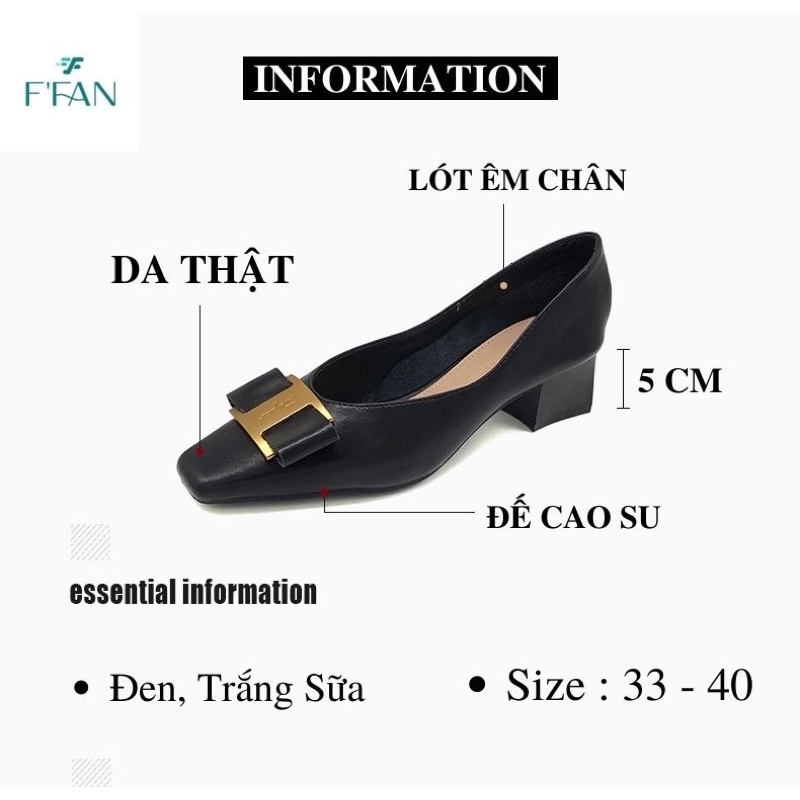 Giày nữ đế vuông mũi vuông [da thật] cao gót bít mũi 5 phân đính đá 677, da mềm mại big size màu đen be trắng FFAN STORE