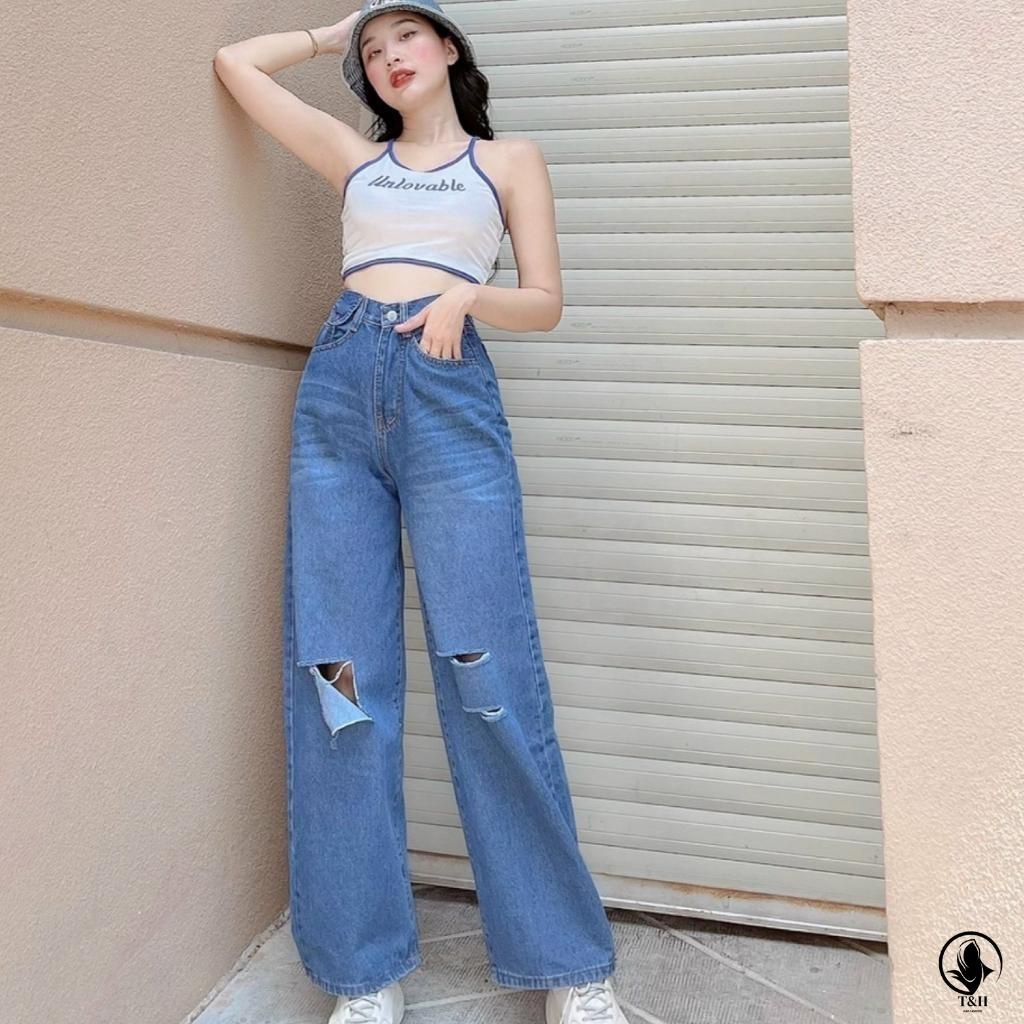 Quần jean nữ ống rộng rách gối màu xanh, quần bò lưng cao phong cách cá tính phong cách thời trang Ulzzang MT5141-5027