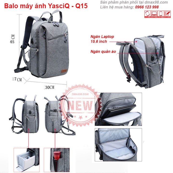 Balo YasciQ - Q15 đựng máy ảnh du lịch, được quần áo, laptop 15.6