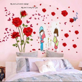 combo 2 bức decal dán tường hoa hồng đỏ và ôm gối chúc ngủ ngon