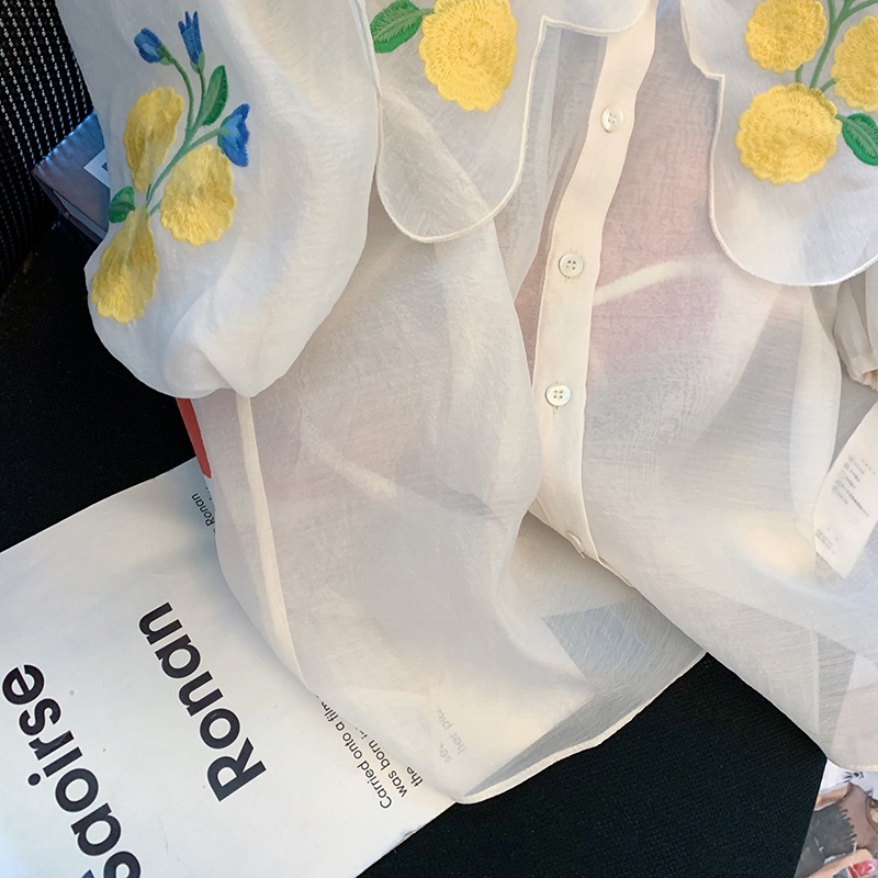 Áo Kiểu Tay Phồng Ngắn Cổ Búp Bê Thêu Họa Tiết Ngọt Ngào Phong Cách Pháp Thời Trang Cho Nữ