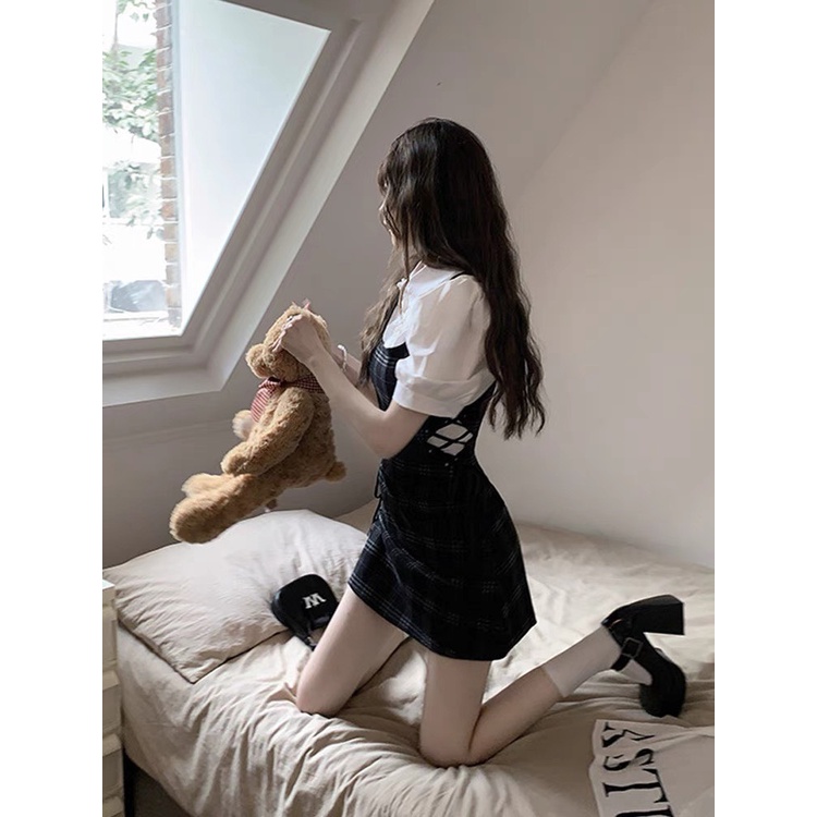Set 2 món Áo Sơ Mi Mix Yếm Kẻ Sọc Phong Cách Ulzzang