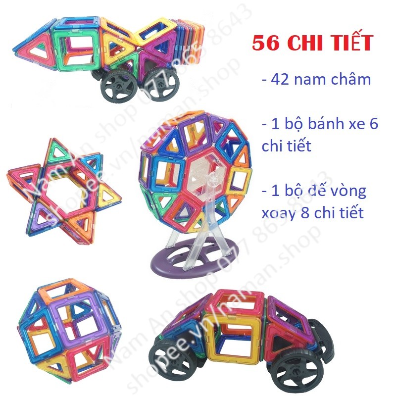 Xếp hình lắp ghép nam châm 56 chi tiết, size lớn. MAGNETIC- gói quà miễn phí