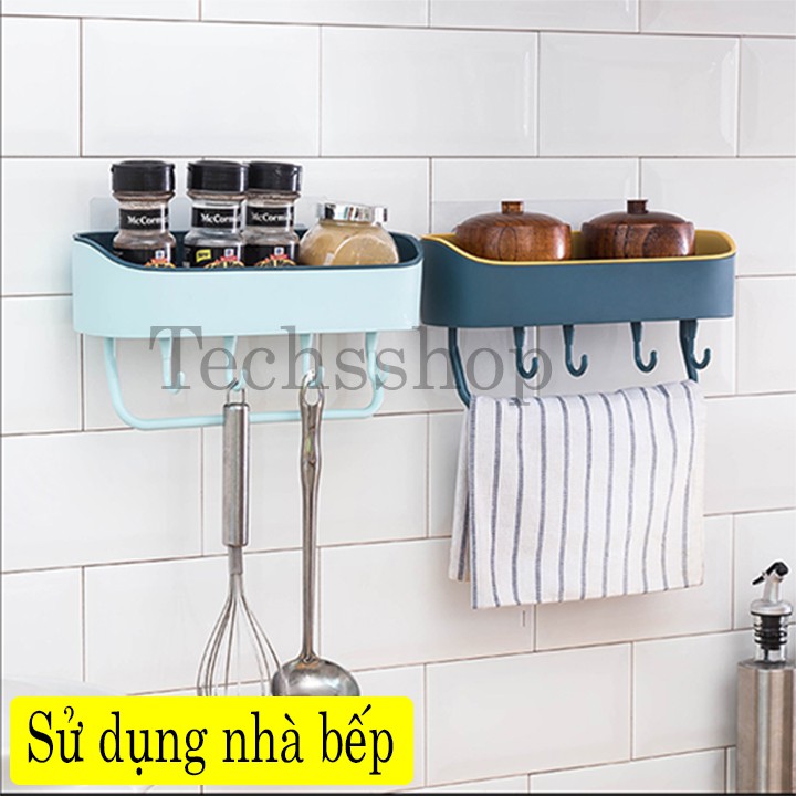 Kệ nhựa dán tường hình bầu có 4 móc treo linh hoạt cho phòng tắm, phòng bếp - Khay treo đồ 2 lớp cao cấp