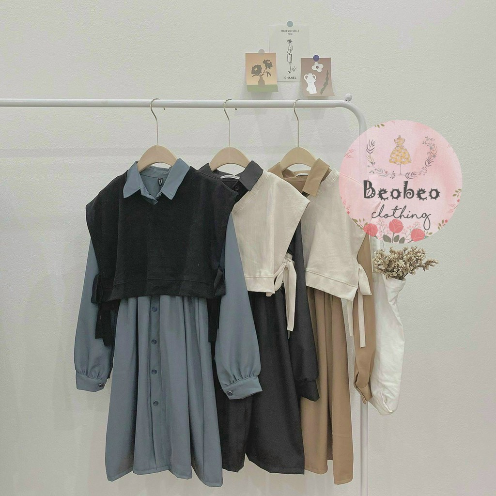 Set đầm sơ mi tay phồng phối nút kèm áo gile thắt nơ vintage