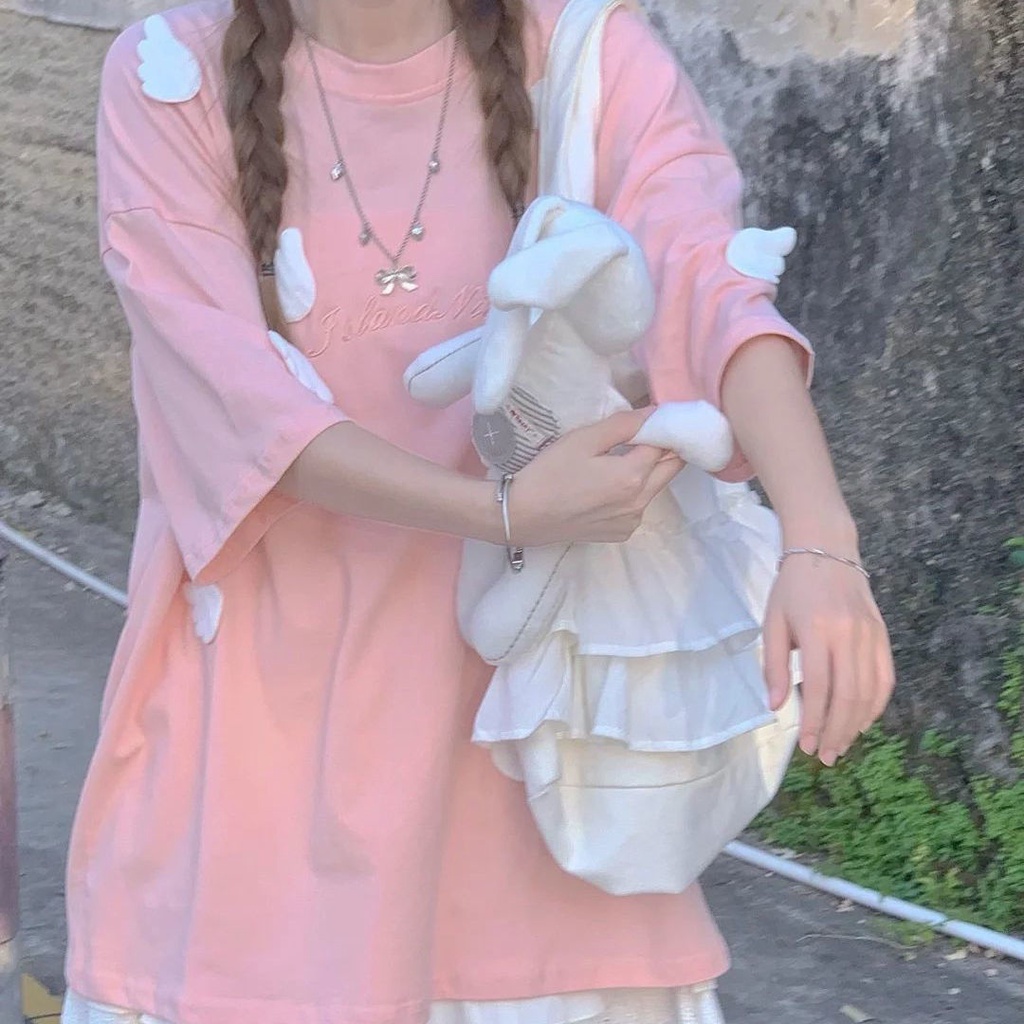 Set Áo Thun Hồng Dáng Rộng + Chân Váy Tầng Dễ Thương Cho Nữ