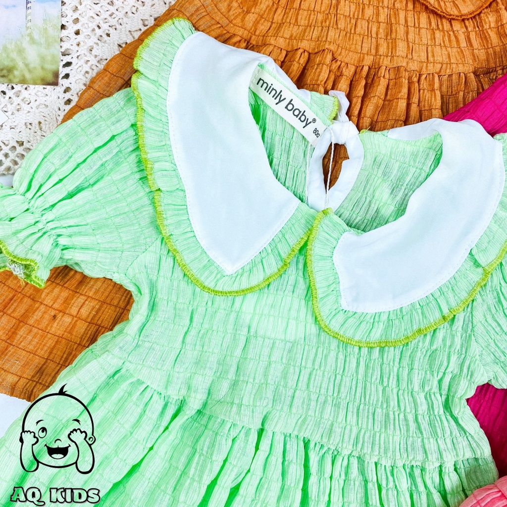 [Bé:20-32kg] Đầm Tiểu Thư Bé Gái MINLYBABY Vải đũi Nhẹ Mát, Thiết Kế Cổ Bẻ &amp; Tay Bó Chỉ Thun Gọn Gàng Unibaby DTT