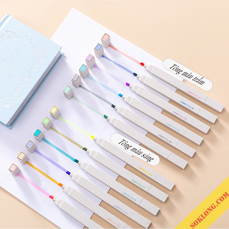 Bộ 12 bút highlight 2 đầu màu Pastel Light Color kèm sticker HI06, bút đánh dấu thân vuông ghi chú