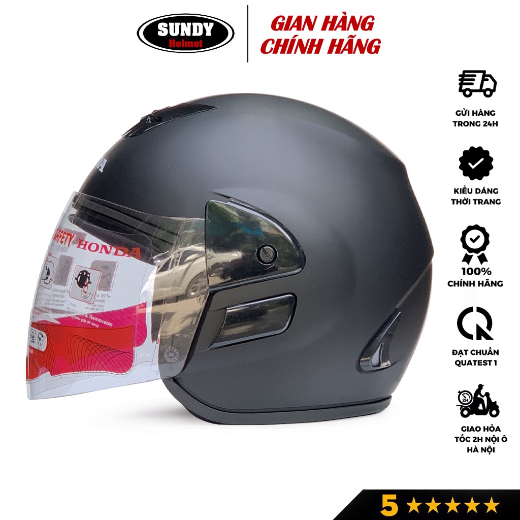 Mũ bảo hiểm 3/4 chụp tai GRO HP0K, nón kiểu dáng Honda có kính dài che cả mặt, size 56-58cm
