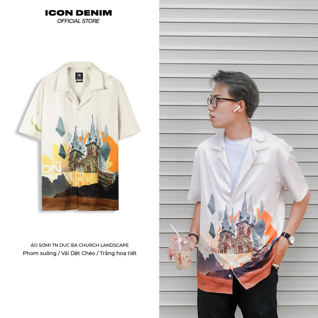 Áo Sơ Mi Tay Ngắn Họa Tiết ICON DENIM Duc Ba Church Landscape Phom Xuông Vải Dệt Chéo Mát Mẻ Ít Nhăn