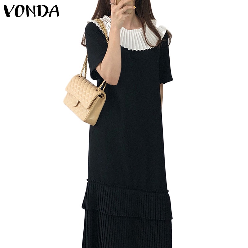 Đầm VONDA tay ngắn xếp ly màu trơn thời trang mùa hè phong cách Hàn Quốc dành cho nữ
