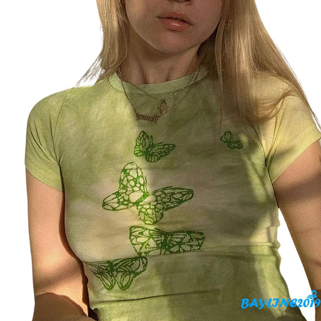 Áo thun lửng ngắn tay in họa tiết hình bướm năng động dễ phối đồ dành cho nữ