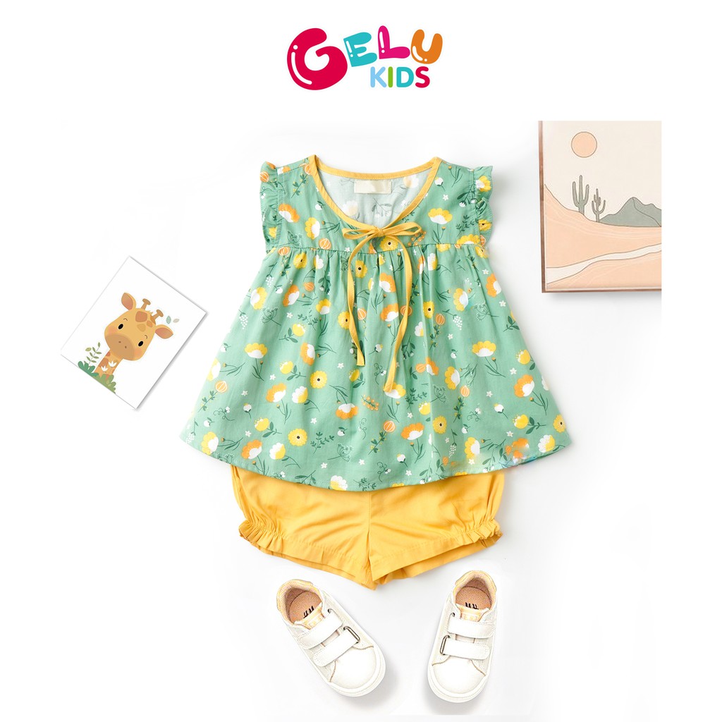 Bộ cộc tay cho bé gái GELU KIDS dáng áo babydoll phối tay bèo đáng yêu - GLQA10