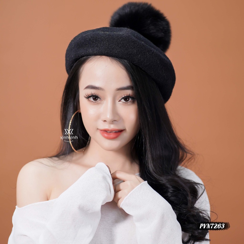 Mũ nồi Beret nỉ đính quả bông xinh xắn - Xinh Xinh Accessories