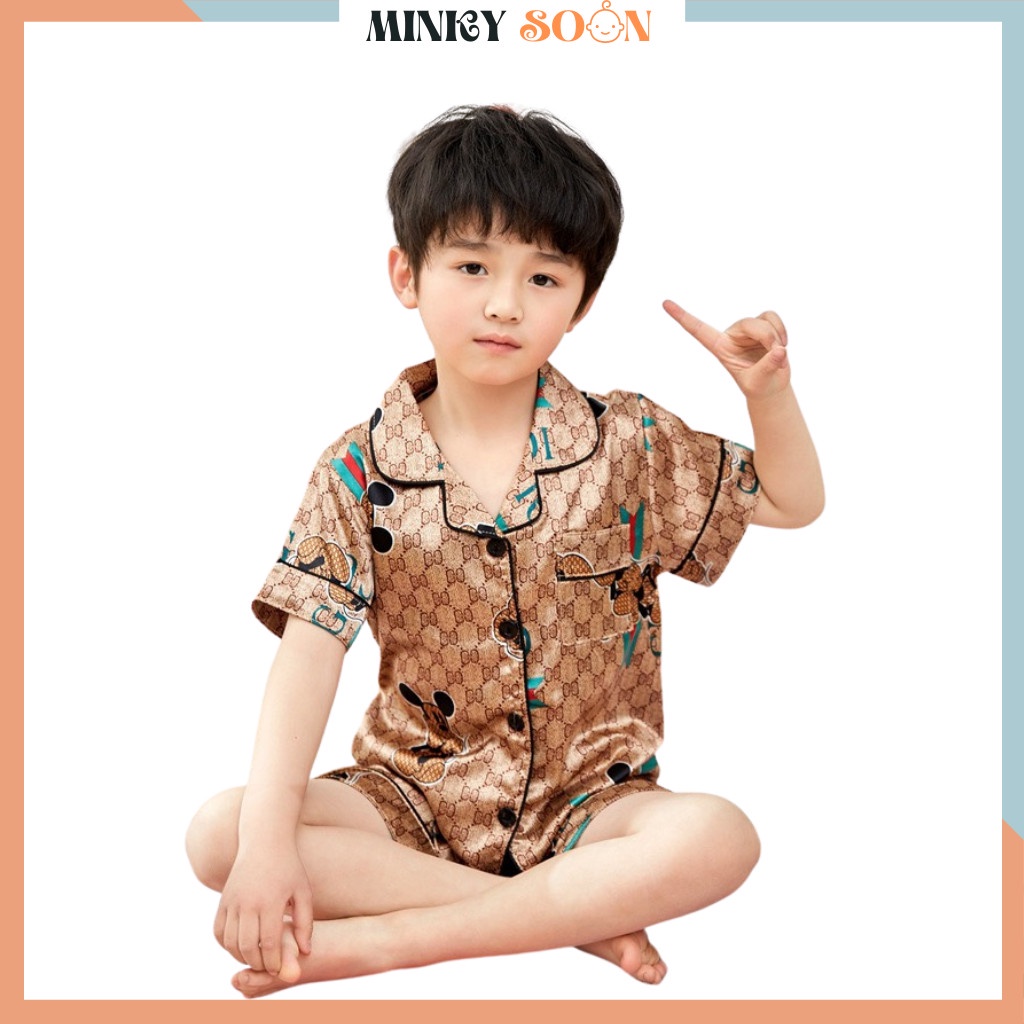 Bộ Pijama Cộc Tay Hình Gu xì Chất Lụa Cao Cấp Cho Bé Trai Và Bé Gái Từ 7 - 28kg. MINKY SOON