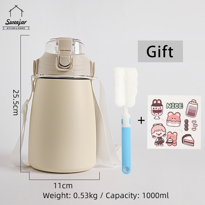 Bình nước giữ nhiệt SWEEJAR bằng thép không gỉ 304 dung tích 1L kèm ống hút và dây đeo tiện dụng