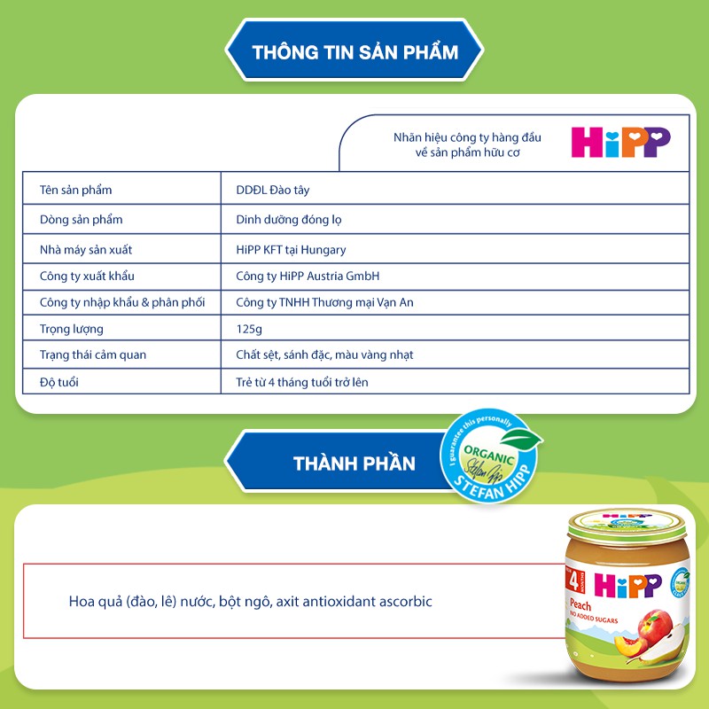 Dinh dưỡng đóng lọ ăn dặm Đào Tây HiPP Organic 125g